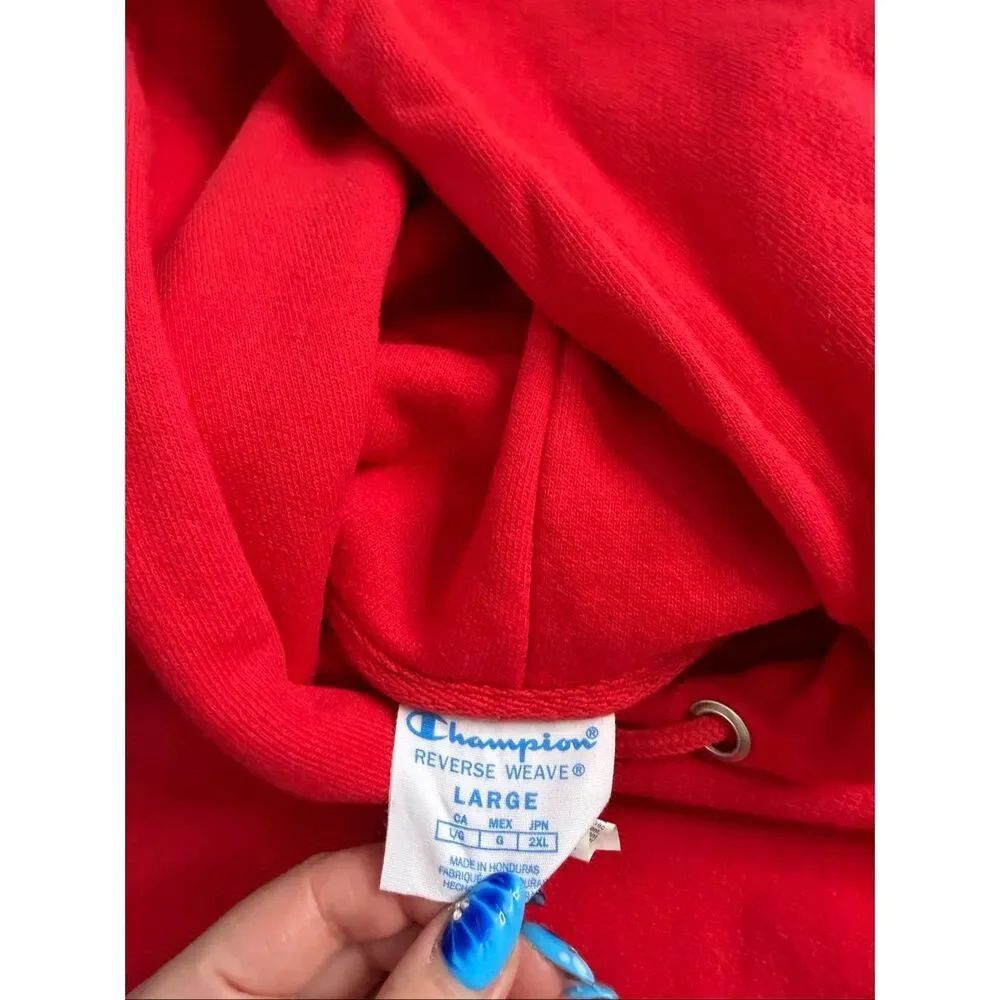 Vintage Champion Spellout Hoodie Red Old English Print Y2K Reverse Weave Large - Picture 7 of 10